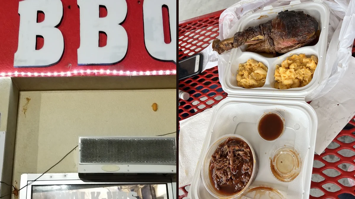 Smoked barbecue trays on a restaurant counter.