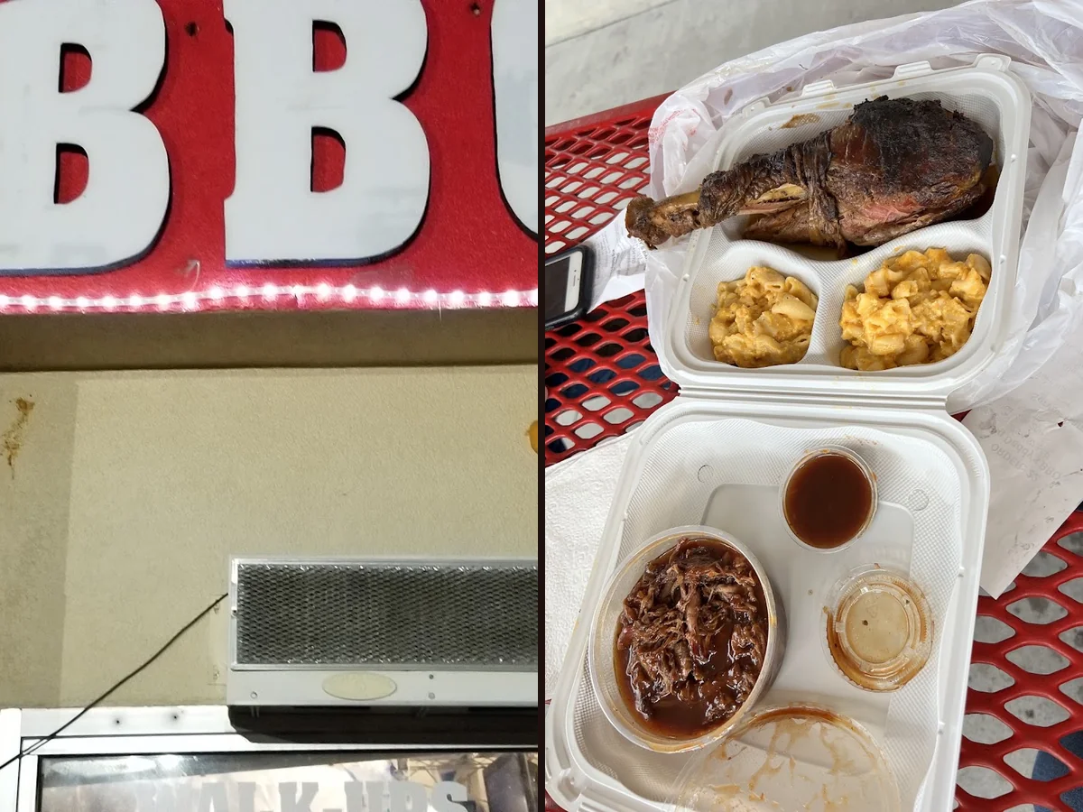 Smoked barbecue trays on a restaurant counter.