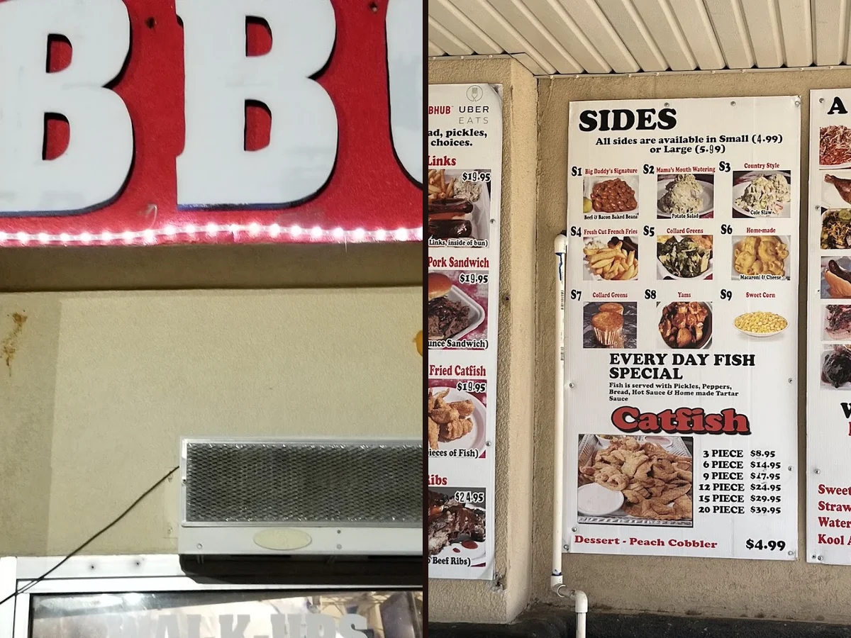 Warm-lit tables near a barbecue service counter.